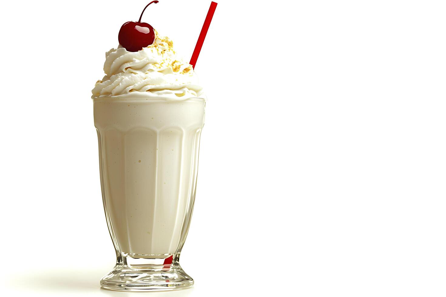 Creamy Milkshake with Whipped Cream and Cherry Garnish. A delicious and refreshing summer treat, perfect for satisfying sweet cravings. photo