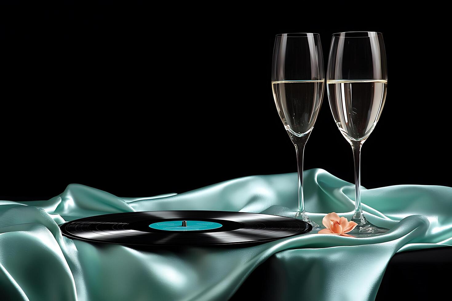 Romantic Still Life Champagne Flutes, Vinyl Record, and Silk Drape. photo