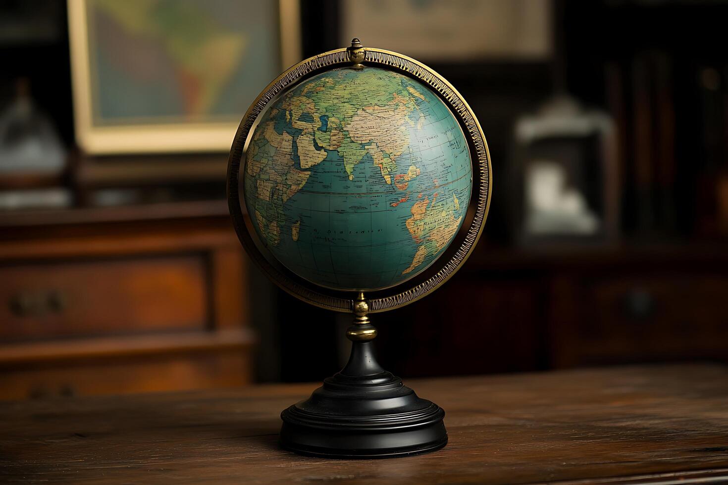 Antique Globe on Wooden Desk A Symbol of Exploration and Discovery. photo