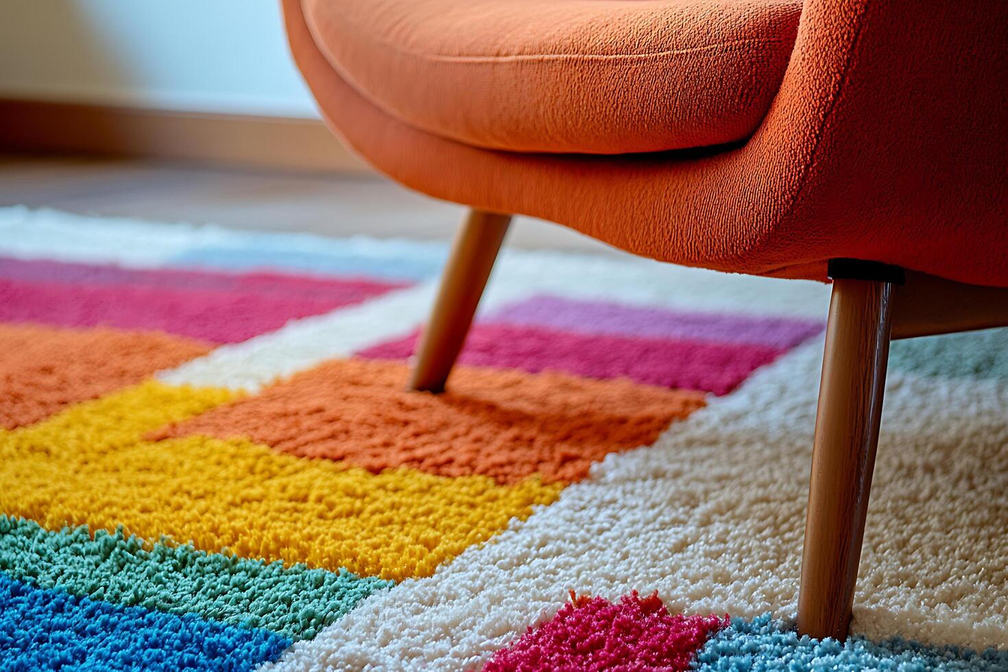 Modern Orange Chair Leg on Colorful Rug - Home Decor Detail. A close-up shot showcasing the leg of an orange armchair resting on a vibrant, multicolored rug. photo