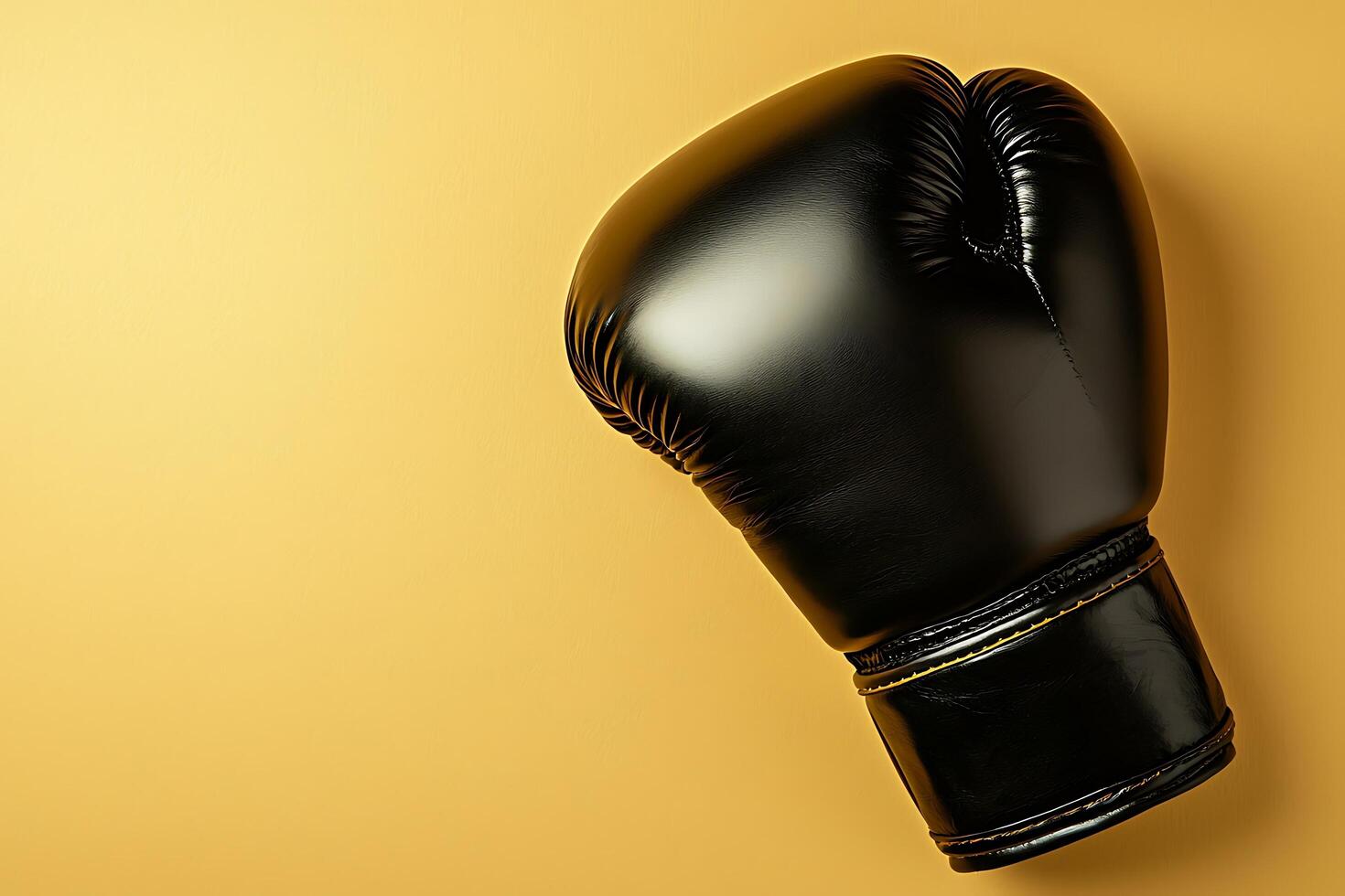 Black Boxing Glove on Mustard Yellow Background Sport and Competition Concept. photo