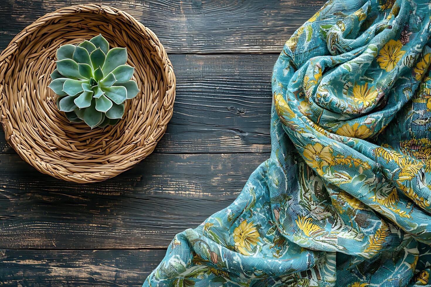 Succulent Plant in Wicker Basket and Teal Floral Fabric on Dark Wood Background. A flat lay image showcasing a natural element and a stylish textile. photo