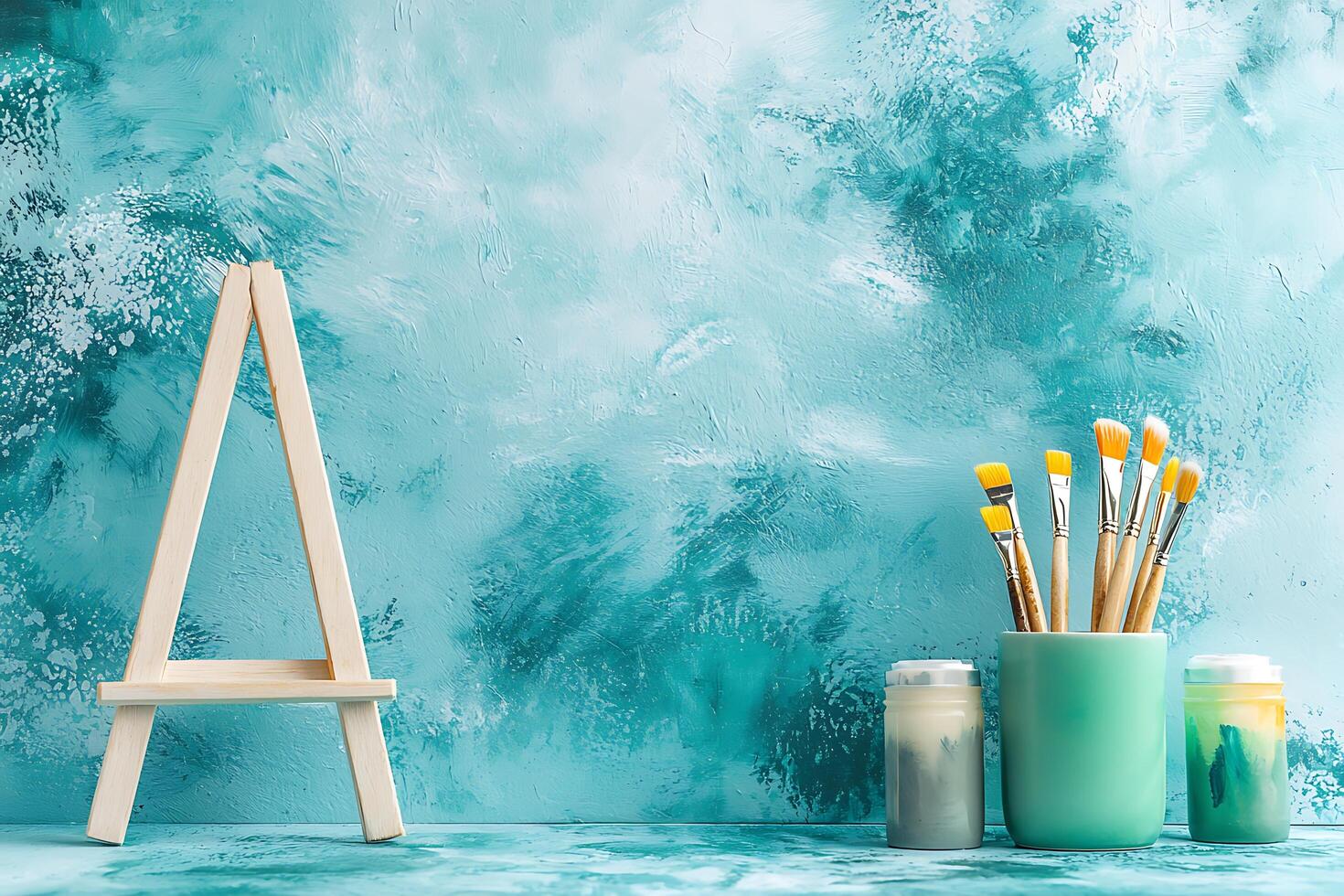 Artistic Still Life Easel, Paintbrushes, and Paints Against a Textured Teal Background. photo