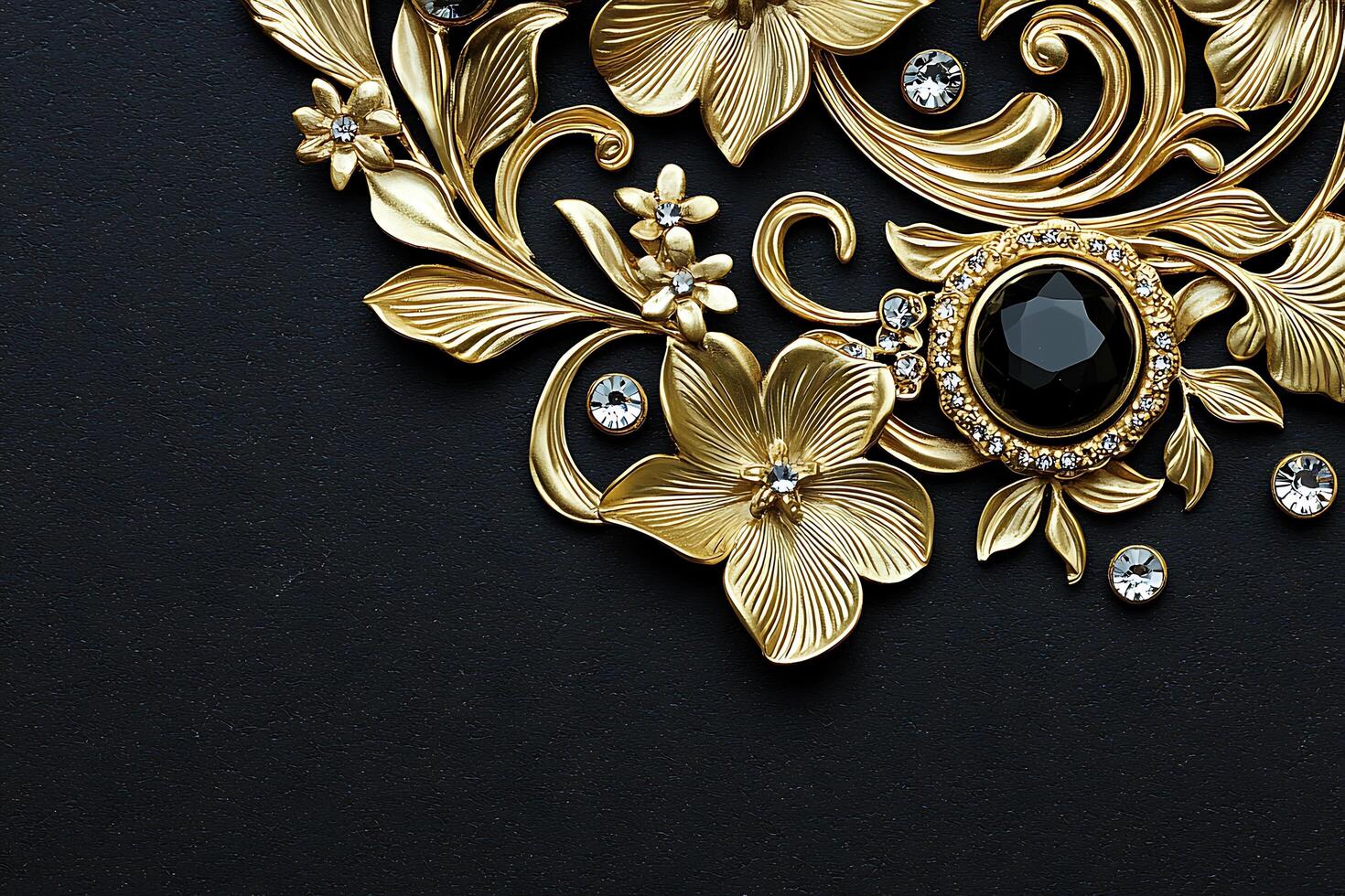 Luxurious Gold Floral Ornament with Black and Clear Gems on Black Background. A stunning image perfect for design projects requiring elegance and sophistication. photo
