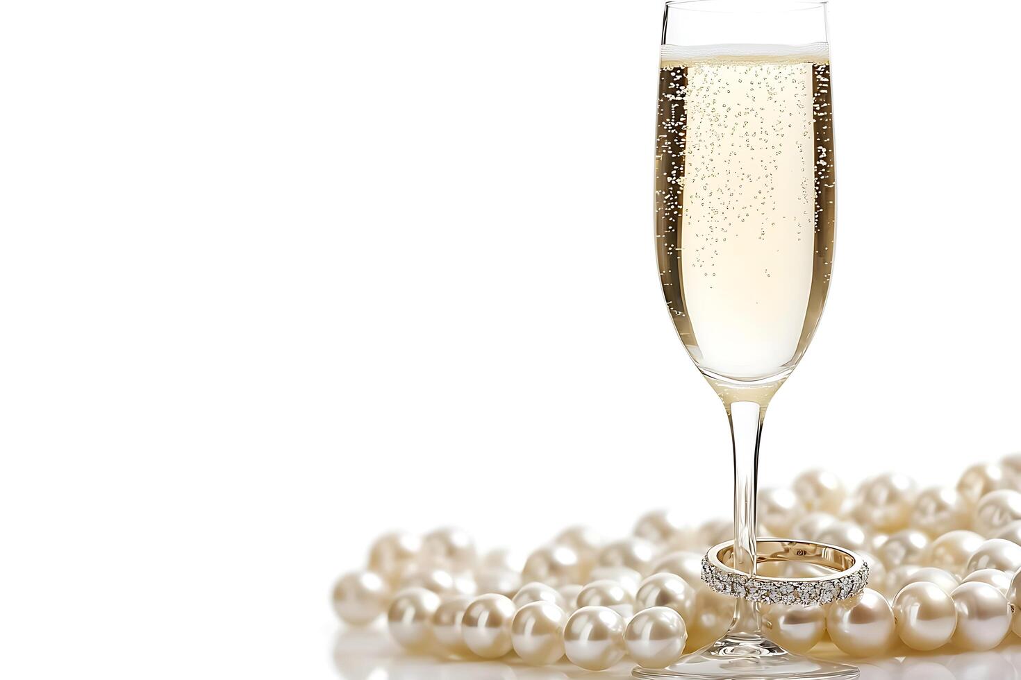 Sparkling Celebration Champagne Flute, Pearls, and Diamond Ring. photo