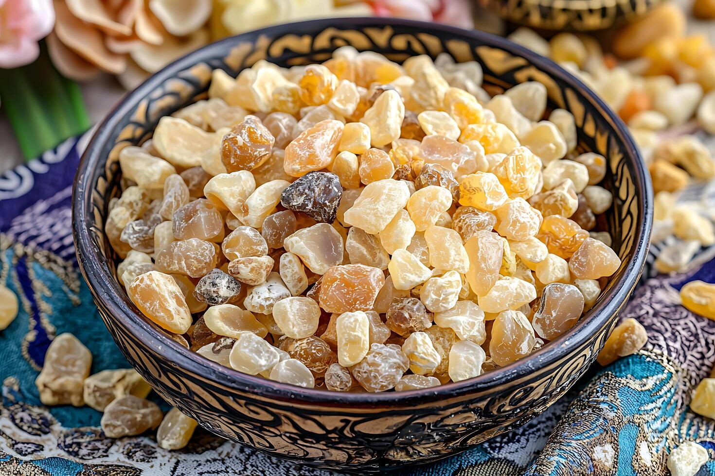 Aromatic Frankincense Resin in Ornate Bowl. Close-up of fragrant resin pieces. photo