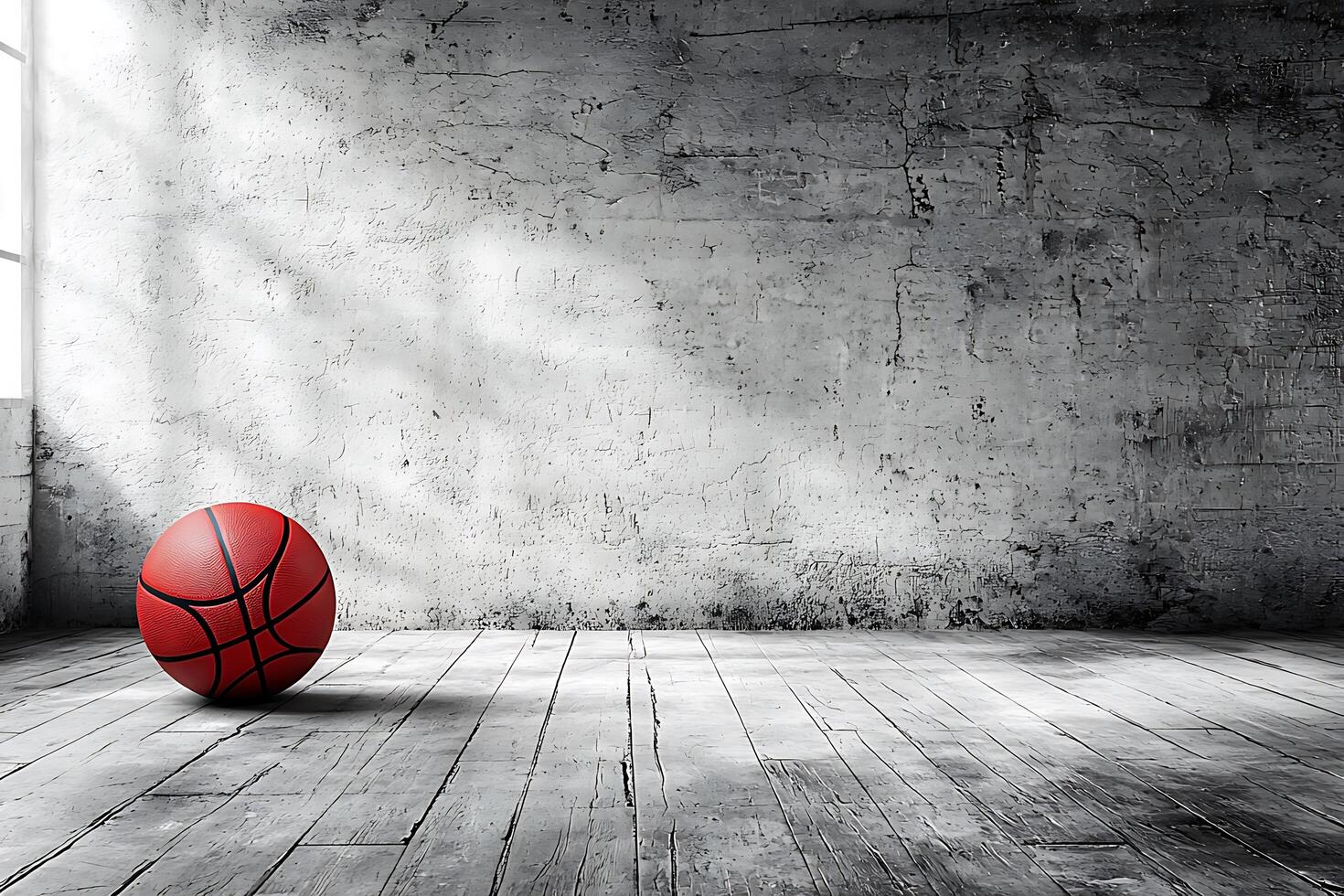 Red Basketball on Grunge Wooden Floor and Wall Background. A dramatic image ideal for sports-themed designs or backgrounds. photo