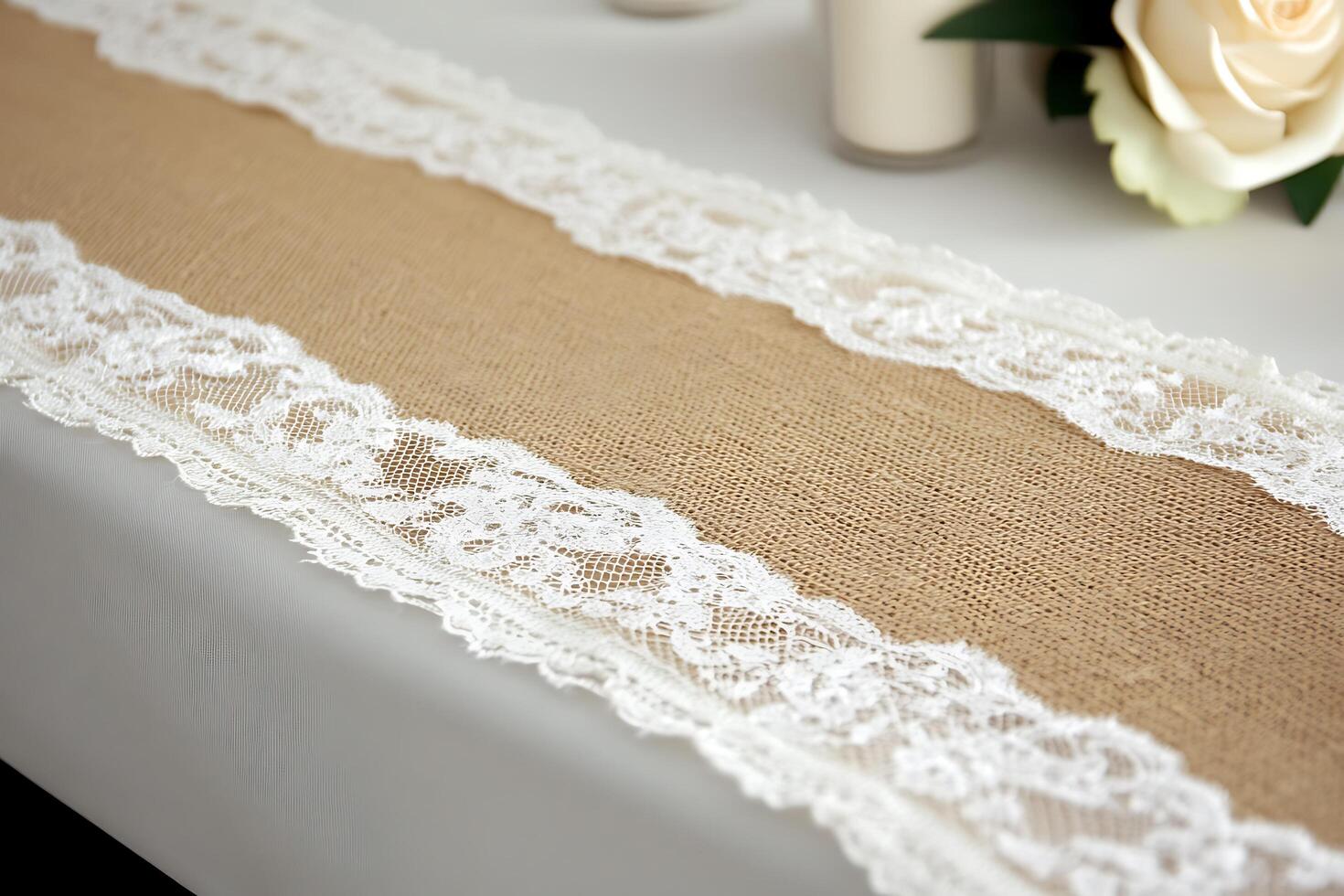 Elegant Burlap Table Runner with Delicate Lace Trim Perfect for Wedding or Rustic Event Decor. photo