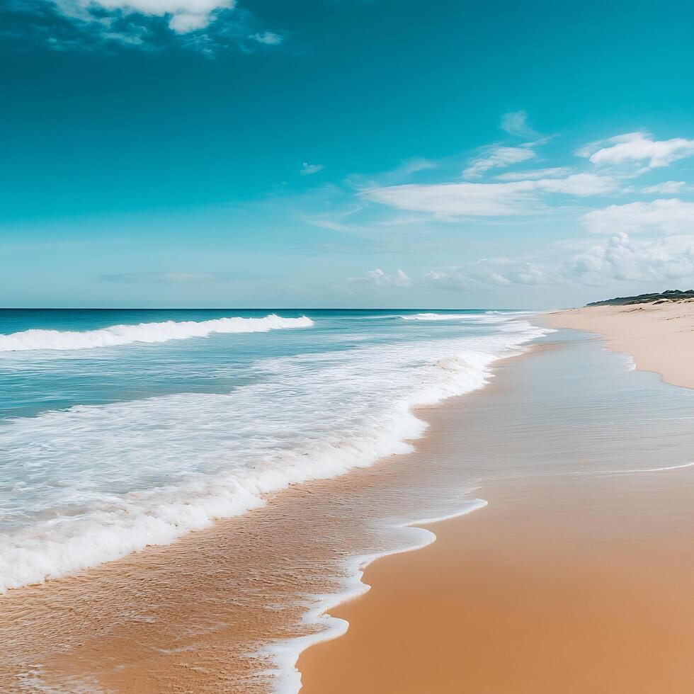 Serene Coastal Scene Ocean Waves Gently Rolling onto a Sandy Beach. photo