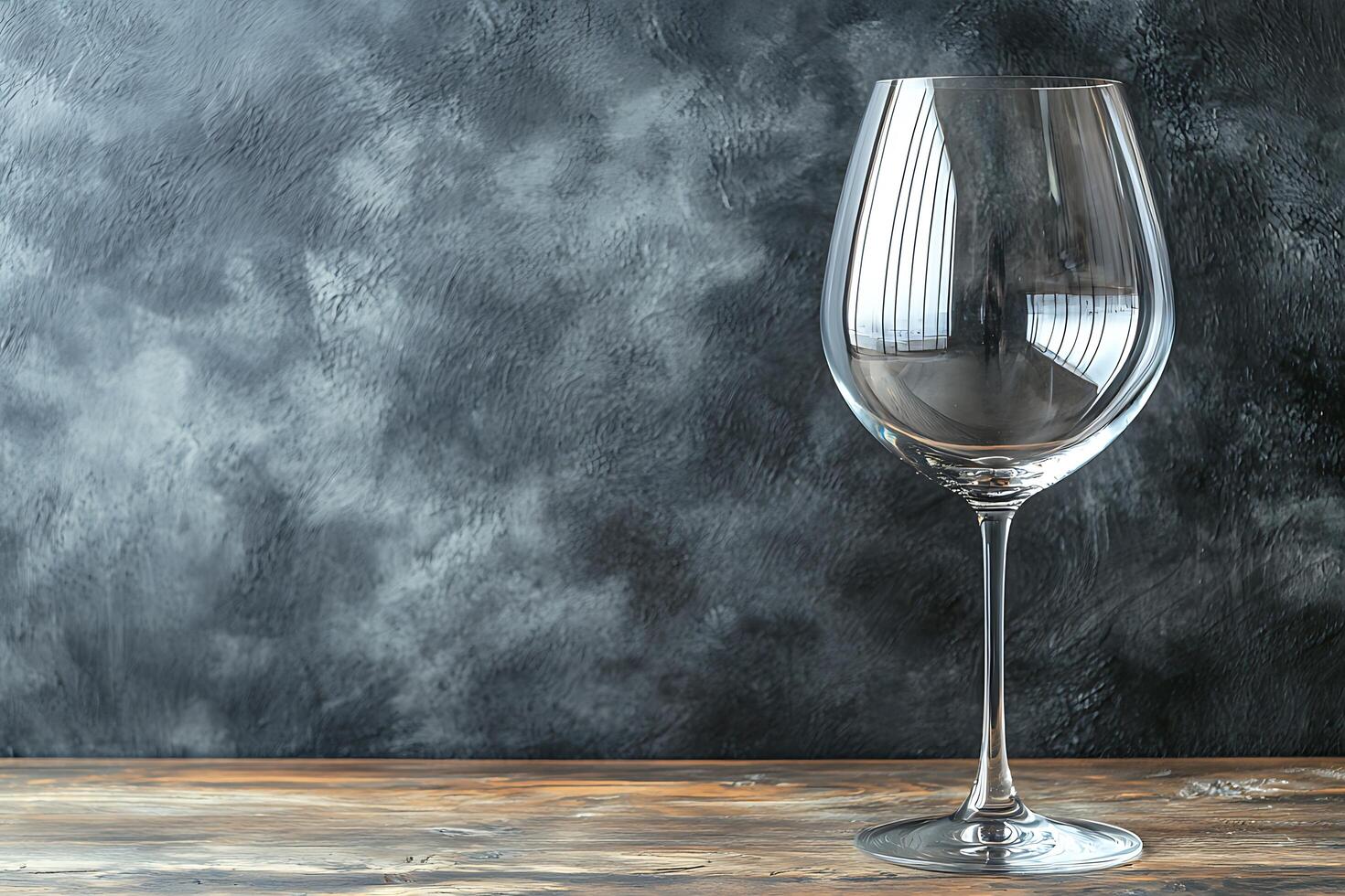 Elegant Empty Wine Glass on Rustic Wooden Table Against a Dark Textured Background. photo
