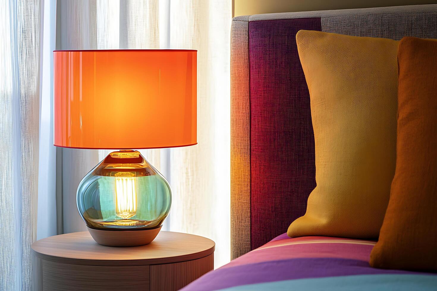 Illuminated Table Lamp on Wooden Nightstand in Modern Bedroom. The warm light casts a glow on the colorful bedding and headboard. photo