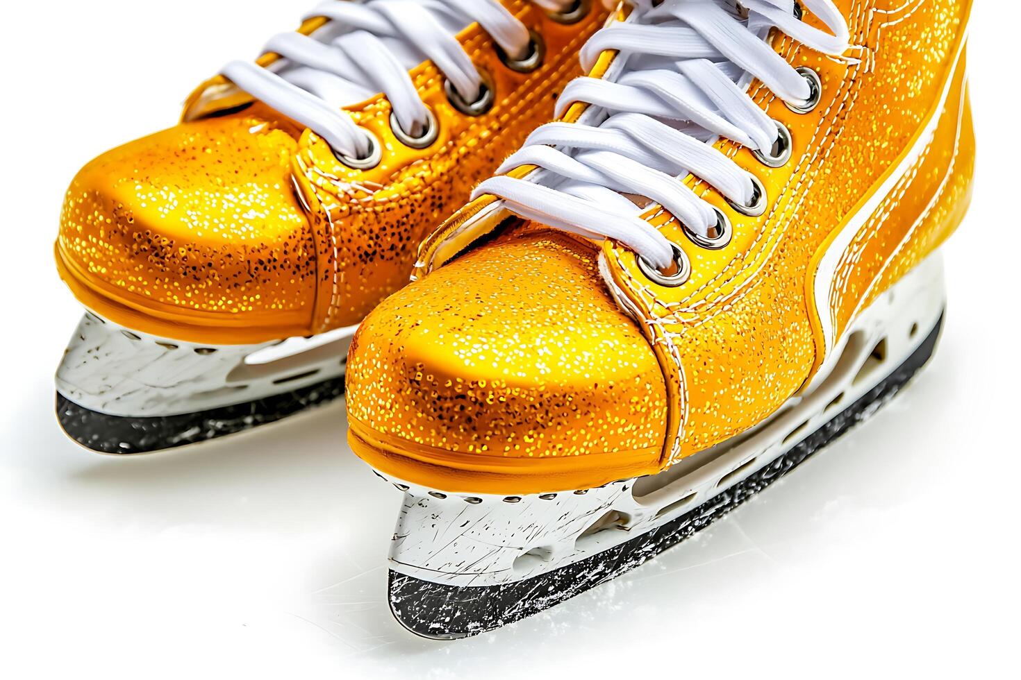 Close-up of Sparkling Gold Ice Skates Ready for Winter Action. A pair of dazzling gold ice skates with white laces, ready to glide across the ice. photo