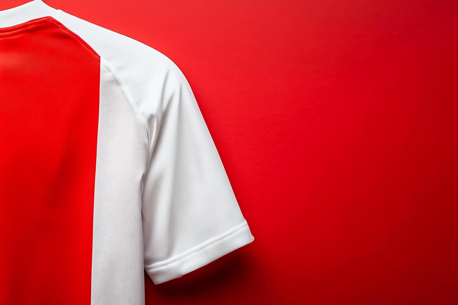Red and White Sports Jersey Detail on Red Background. A close-up image showcasing the fabric texture and design of a sporty shirt. photo