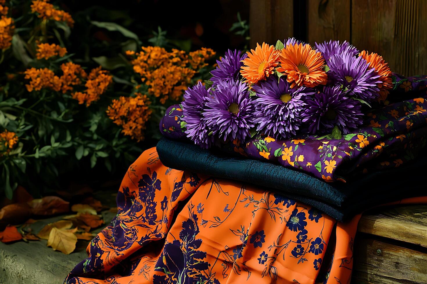 Autumnal Floral Arrangement on Colorful Fabrics. A vibrant still life featuring orange and purple flowers atop a stack of patterned textiles. photo