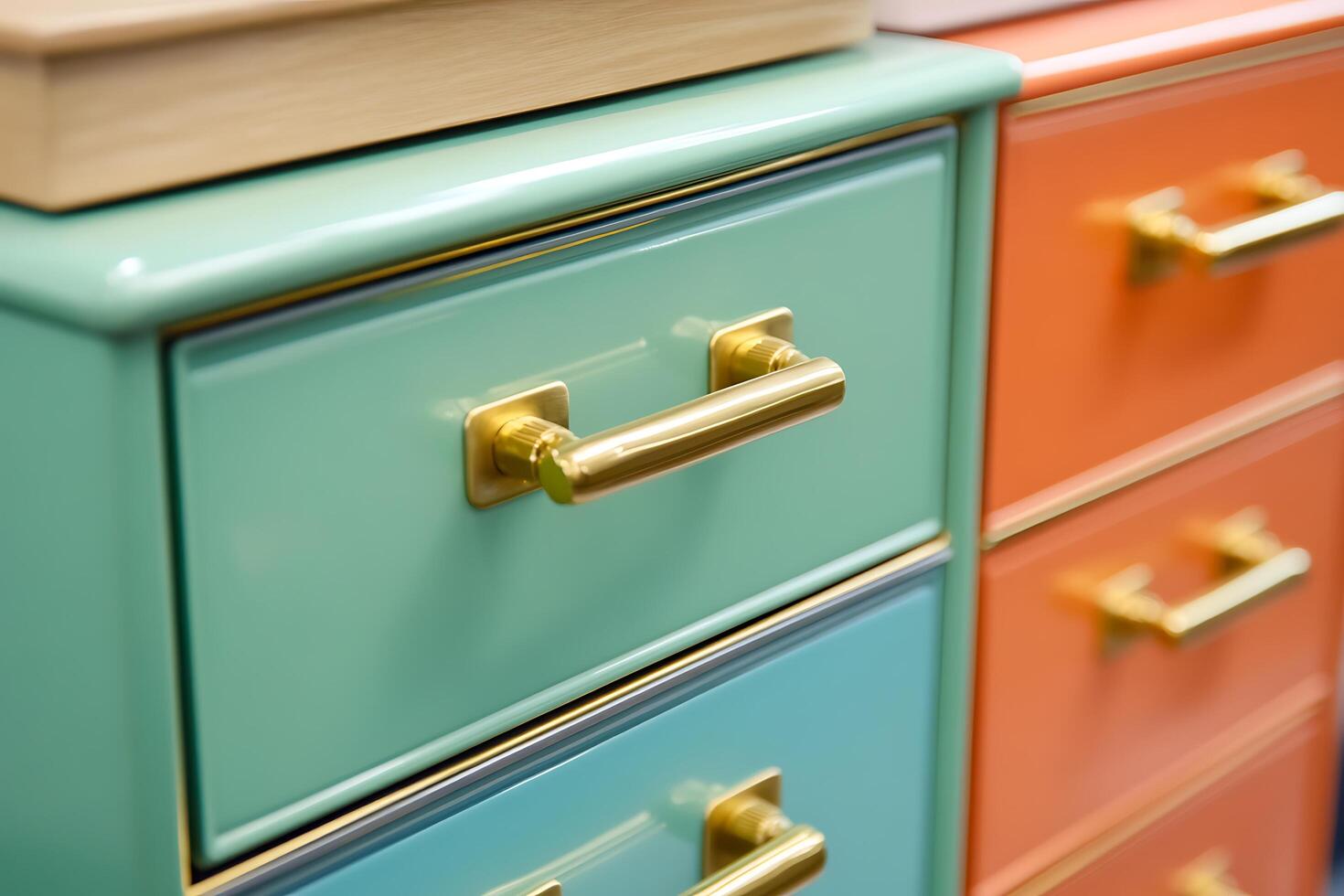 Stylish Mint and Coral Chest of Drawers with Gold Handles. Close-up detail shot showcasing elegant design and craftsmanship. photo