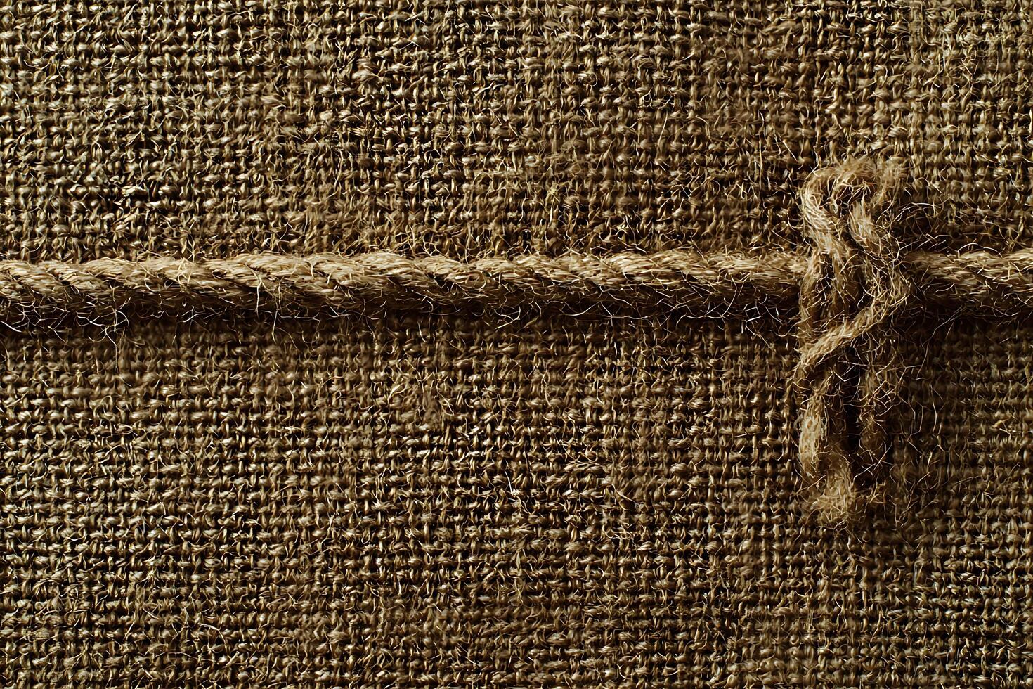 Close-up of Brown Burlap Fabric with a Tied Rope. A Detailed Texture Image. photo