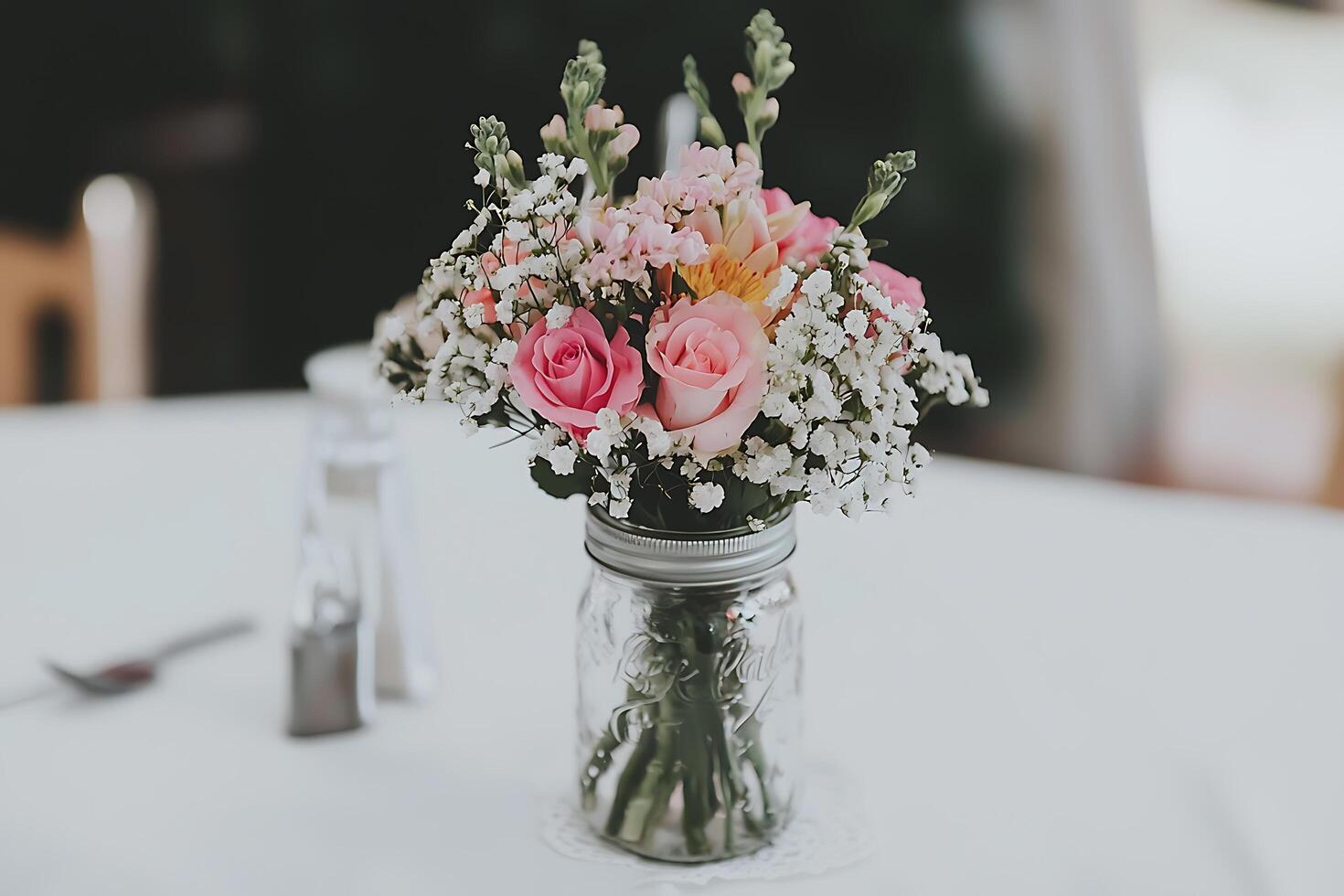 Pink and White Rose Bouquet in Mason Jar Centerpiece. A charming floral arrangement perfect for weddings, parties, or home decor. photo
