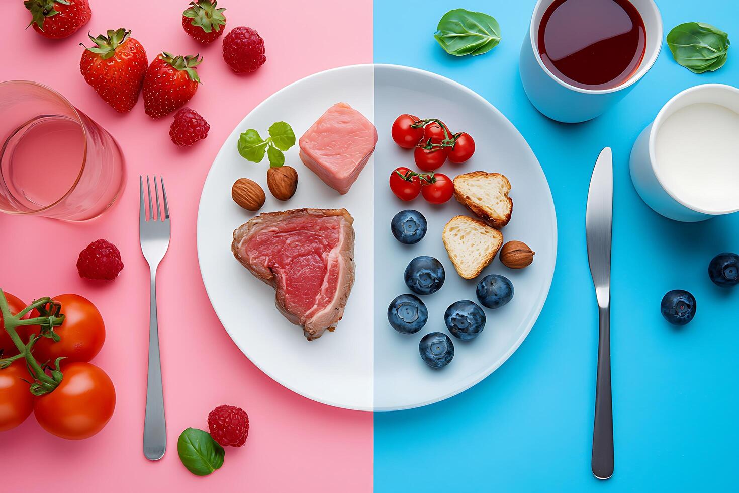 Balanced Diet Concept A Plate Divided, Showing Healthy and Unhealthy Food Choices. photo