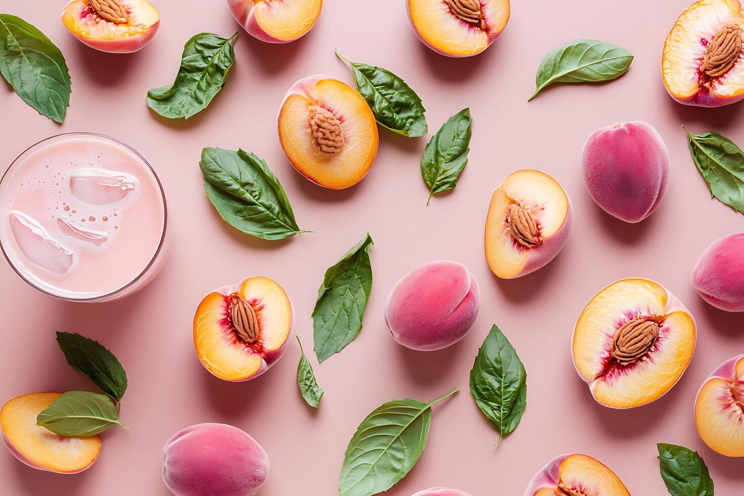 Peach Smoothie Flat Lay Refreshing Summer Drink with Fresh Peaches and Basil. photo