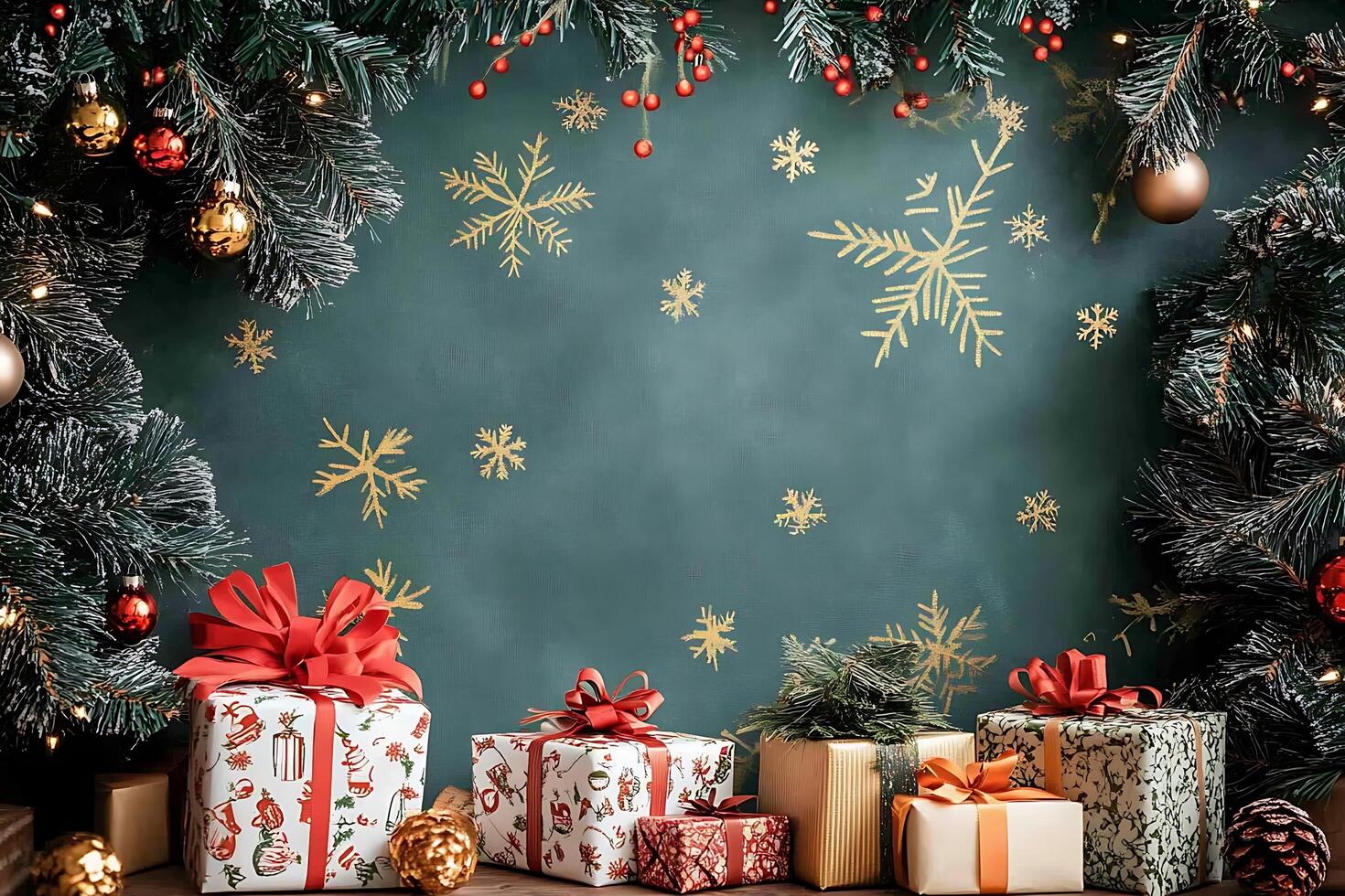 Festive Christmas Presents Decorated with Evergreen Boughs and Ornaments. A charming holiday scene perfect for greeting cards, websites, or advertisements. photo