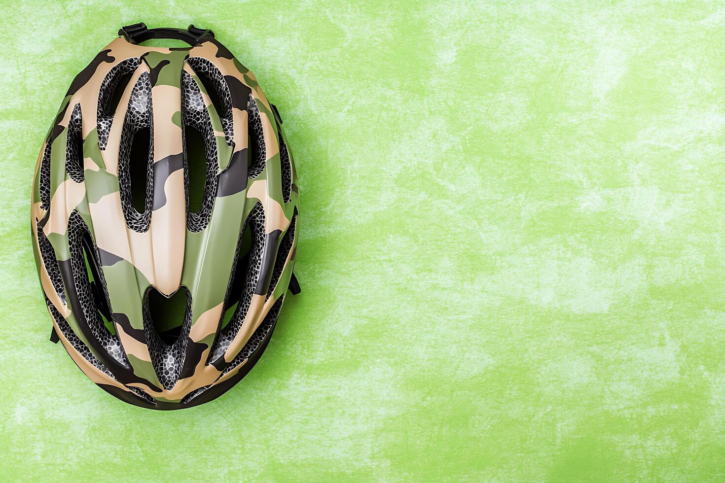 Camouflage Bicycle Helmet on Green Background. A top view image of a safety helmet for cycling. photo