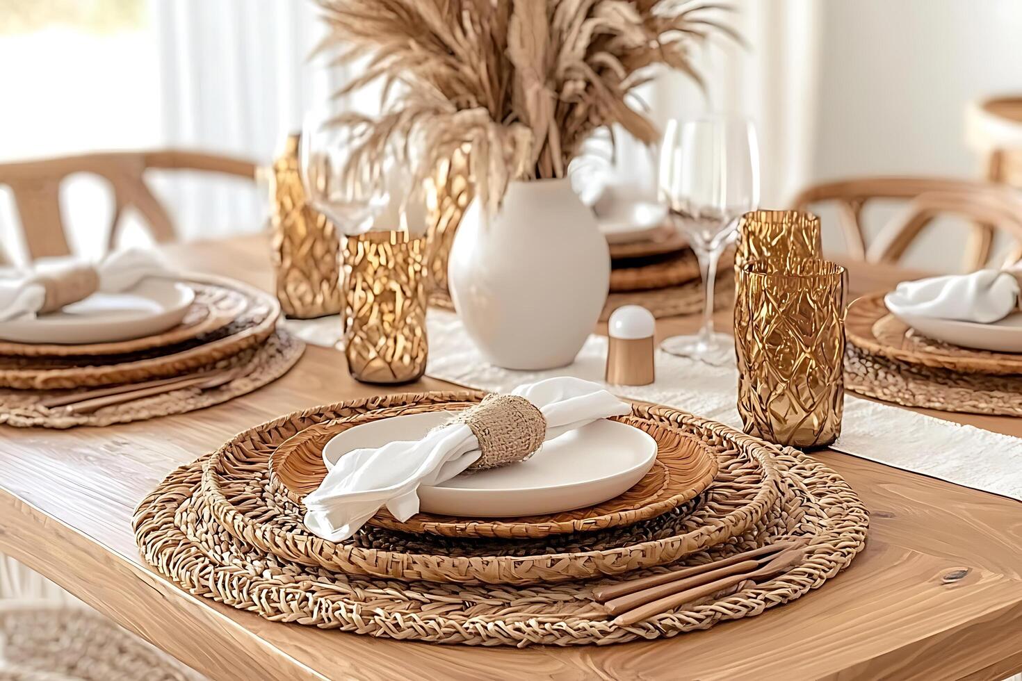 Elegant Table Setting with Natural Textures and Warm Tones. This image showcases a beautifully styled dining table, perfect for home decor inspiration. photo