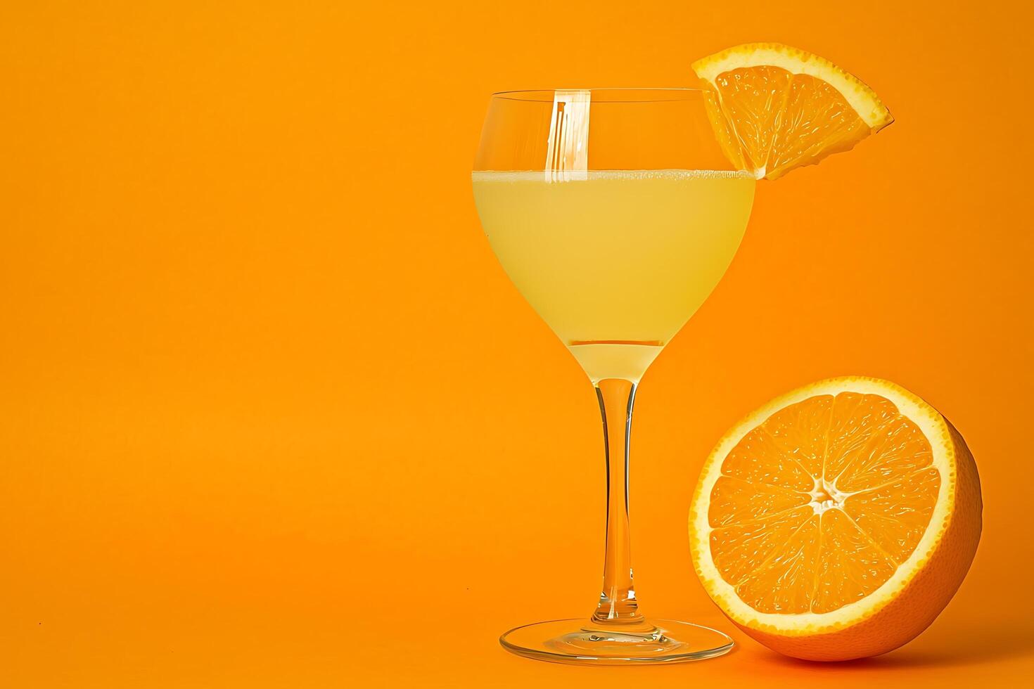 Refreshing Orange Juice in a Glass with Orange Slices on a Vibrant Orange Background. photo
