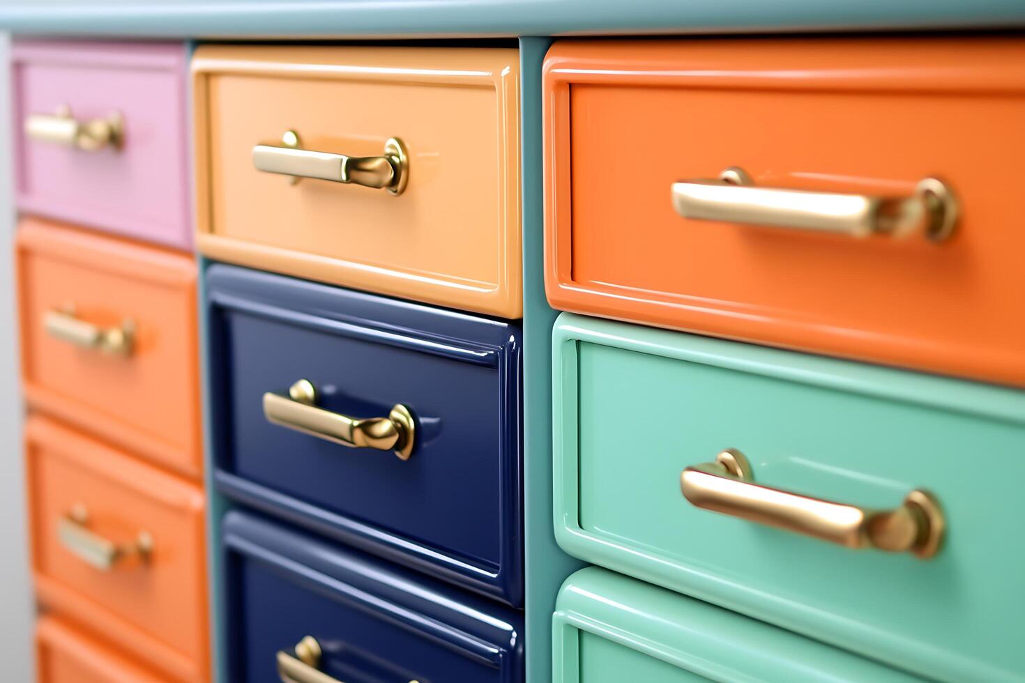 Colorful Chest of Drawers with Gold Handles Home Decor and Interior Design. photo
