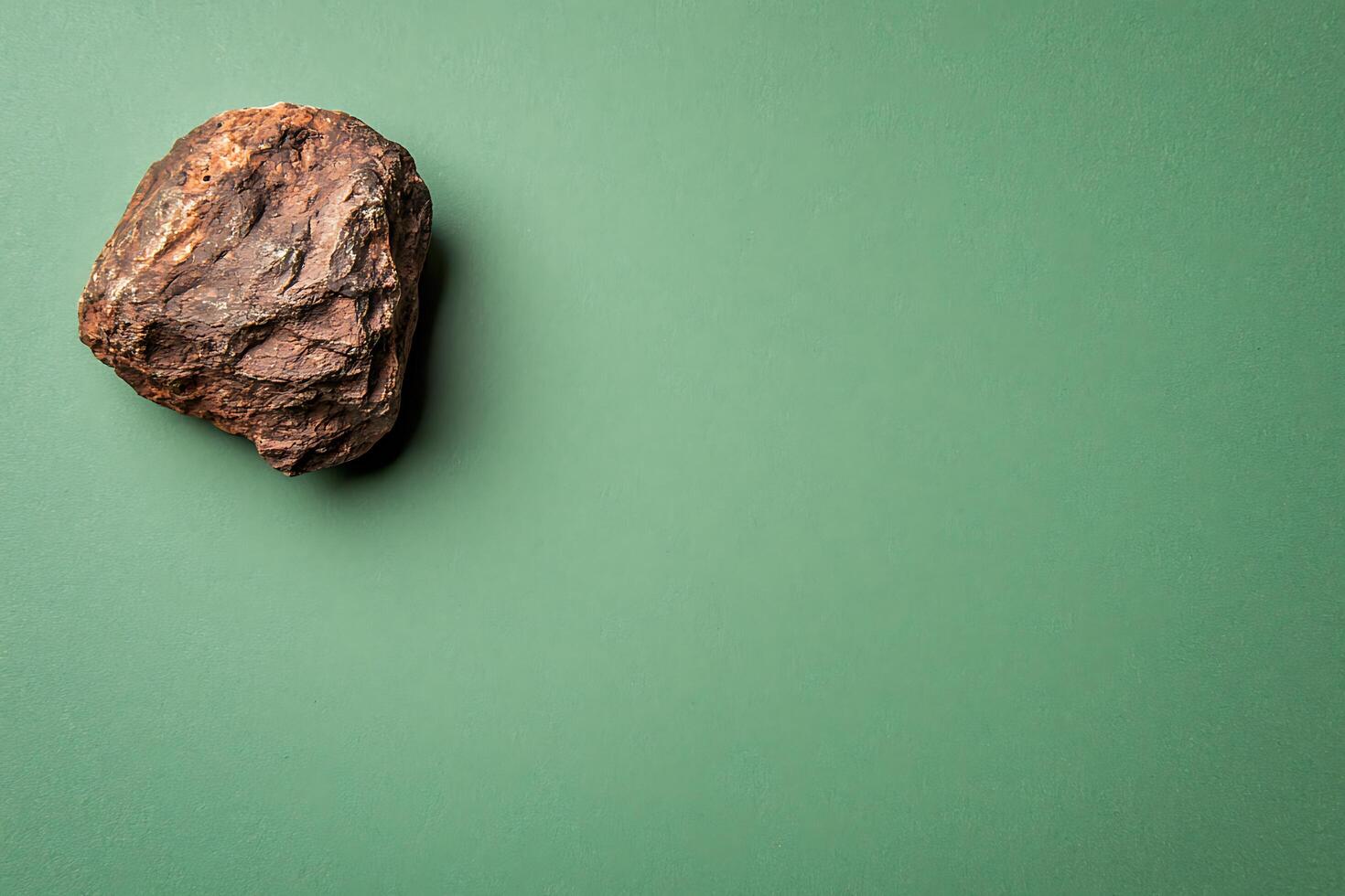 Single Brown Rock on Green Background Copy Space for Text or Design. photo