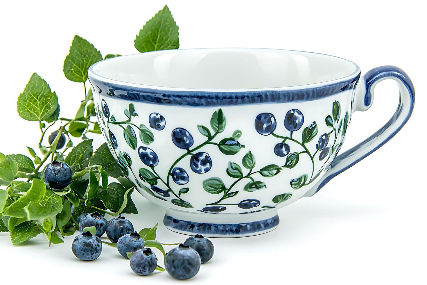 Blue and Green Blueberry Teacup with Fresh Berries. A delightful image showcasing a hand-painted ceramic teacup adorned with a blueberry design, complemented by a sprig of fresh blueberries. photo