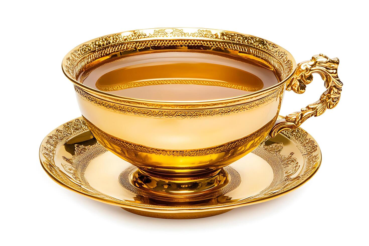 Ornate Golden Teacup and Saucer with Tea. A luxurious image of a golden teacup and saucer, exquisitely detailed, filled with tea, isolated on white. photo
