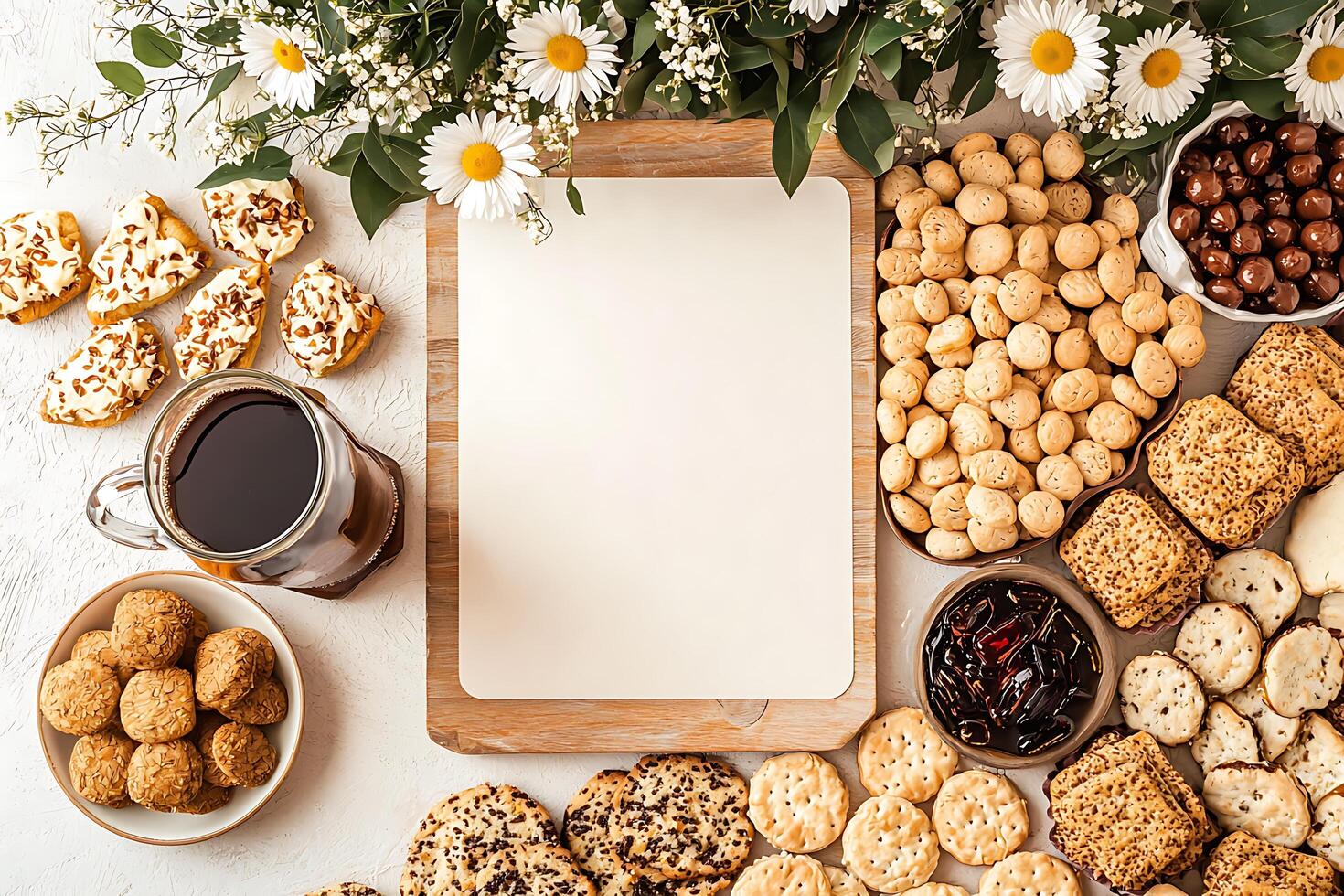 Flatlay of assorted cookies, coffee, and flowers with a blank card for copy space. photo