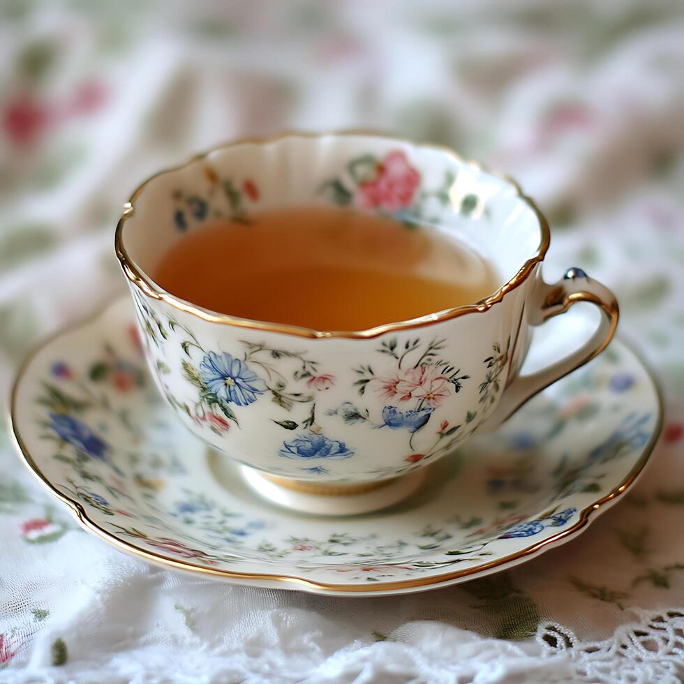 A Delicate Floral Teacup and Saucer with Golden Accents, Filled with Brewed Tea. photo