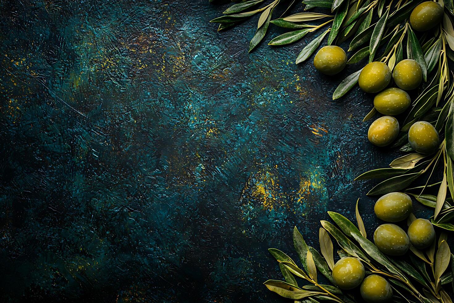 Lush Green Olives and Branches on a Dark Textured Background Culinary or Decorative Design Element. photo