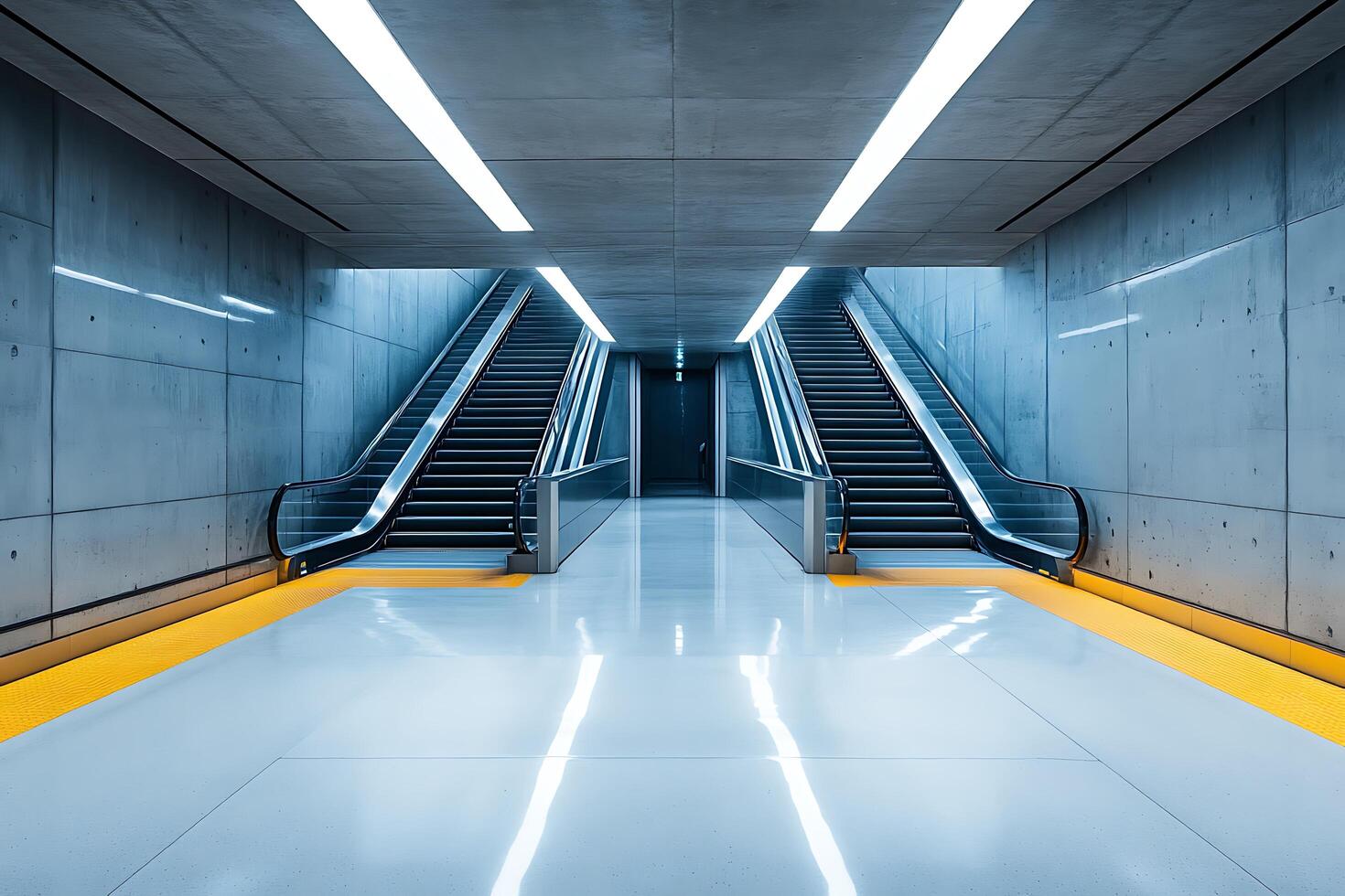 Modern Architecture Two Escalators in a Sleek, Futuristic Underpass. photo