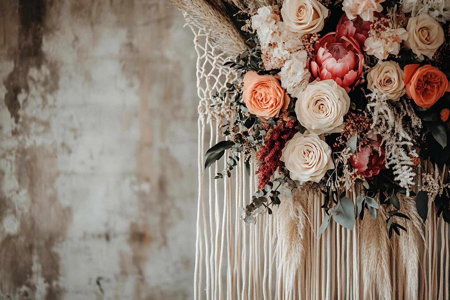 Elegant Floral Arrangement with Macrame Wall Hanging. A beautiful bouquet of roses, proteas, and pampas grass creates a stunning backdrop. photo