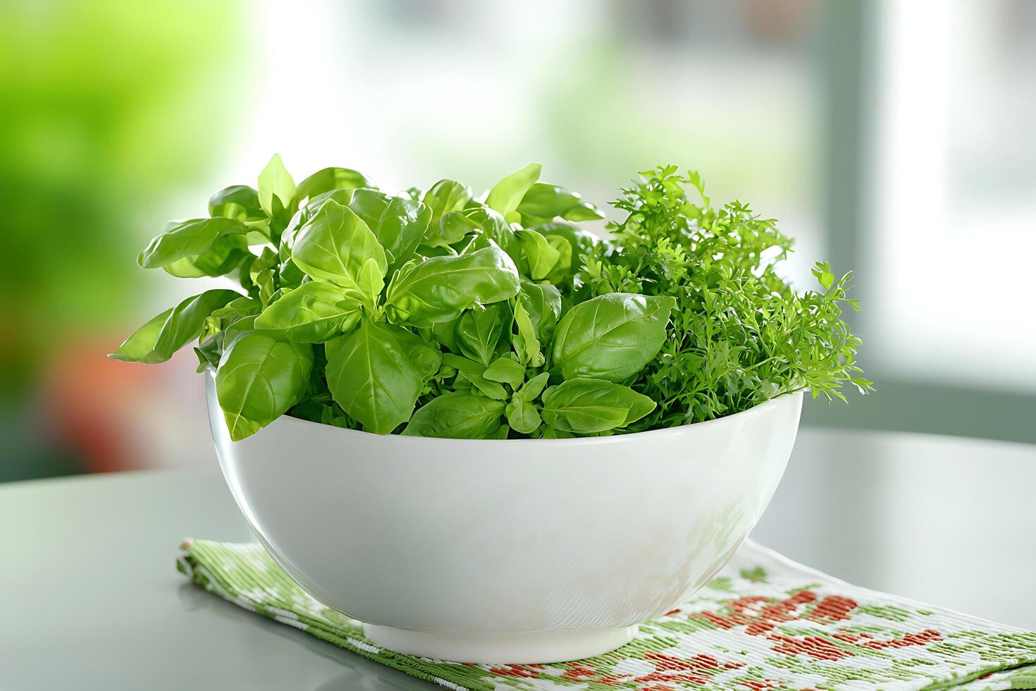 Fresh Basil and Parsley in a White Bowl A Culinary Herb Still Life. photo