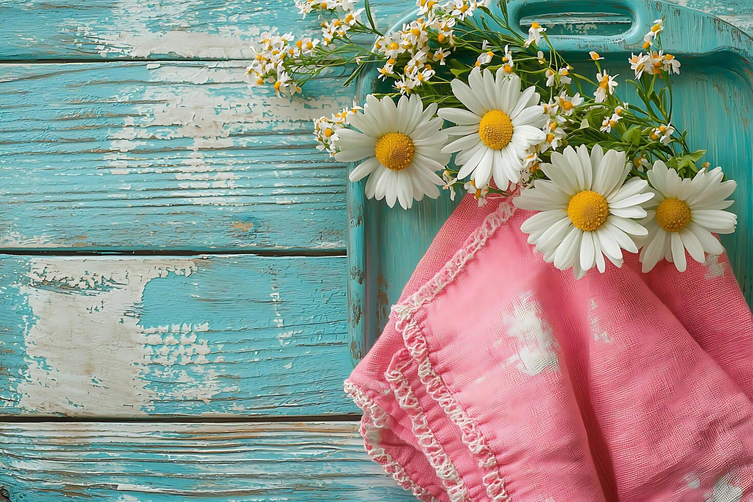Daisies and Pink Fabric on Rustic Blue Wood Background. A charming summer still life featuring delicate daisies in a teal tray, accompanied by a pink cloth with white accents. photo