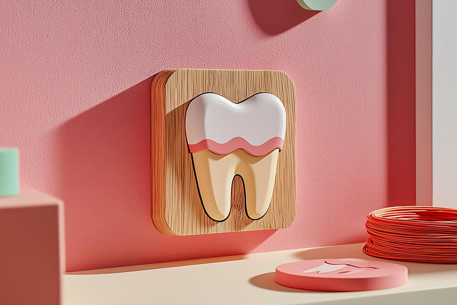 3D Render of a Tooth Icon on Wooden Plaque. Pink and Beige Color Scheme. photo