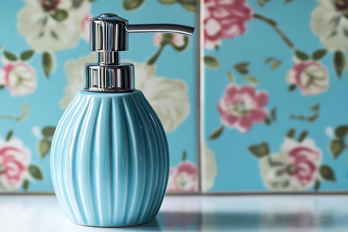 Elegant Blue Ceramic Soap Dispenser on Floral Background. A stylish bathroom accessory with a ribbed design and chrome pump. photo