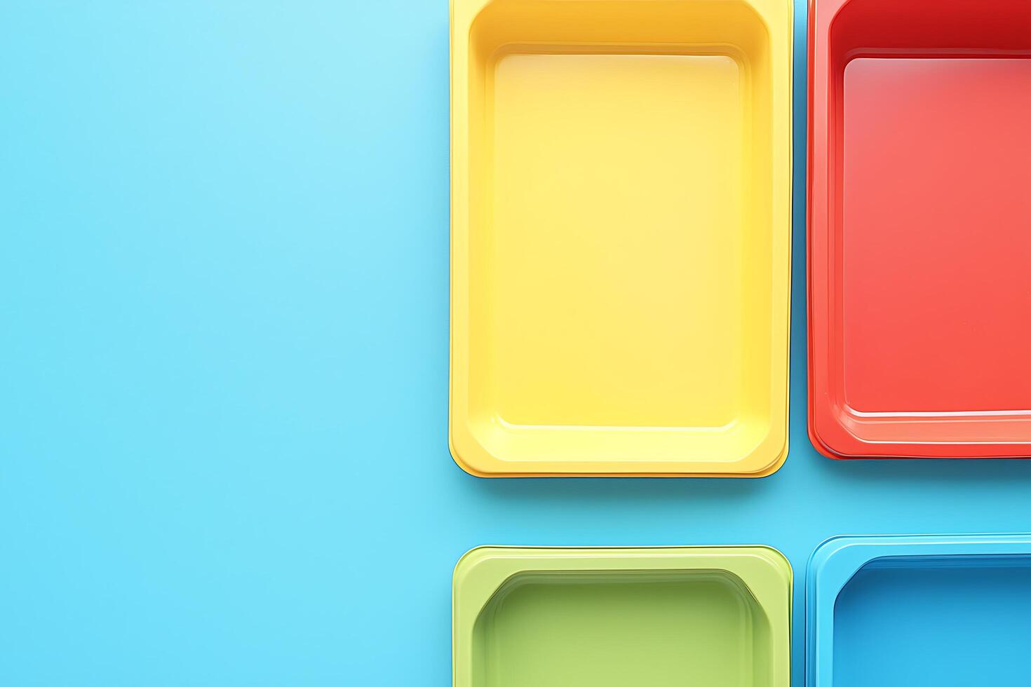 Colorful Plastic Food Containers on a Blue Background. A vibrant image ideal for food blogs, packaging design, or kitchenware advertising. photo
