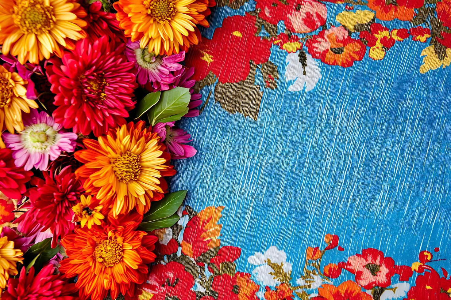 Vibrant Autumn Flowers on a Colorful Floral Fabric Background. A border of red, orange, and pink blossoms creates a beautiful frame for your design. photo