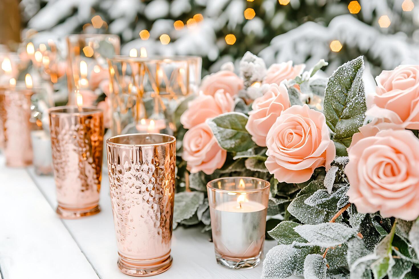 Romantic Winter Wedding Table Setting with Peach Roses and Candles. photo