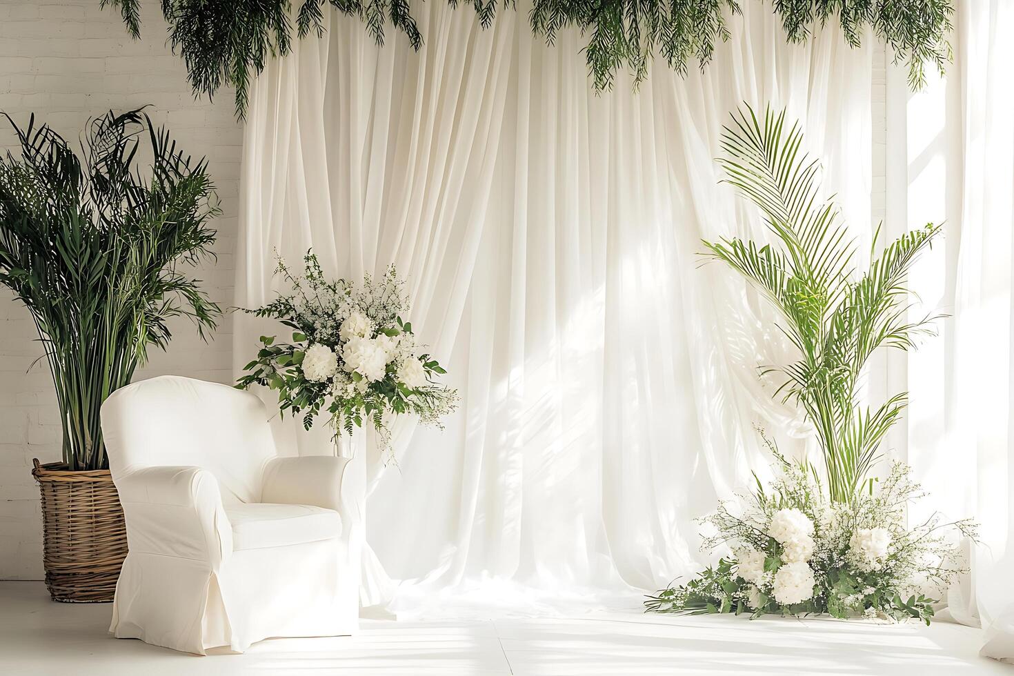 Elegant White Room Setting with Sheer Curtains, Plants, and Flowers. A serene and stylish backdrop ideal for weddings, product photography, or lifestyle imagery. photo