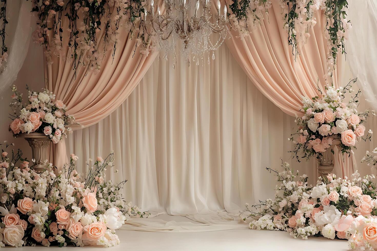 Elegant Wedding Ceremony Backdrop with Draped Fabric and Floral Arrangements. A stunning image perfect for wedding invitations, websites, or event planning. photo