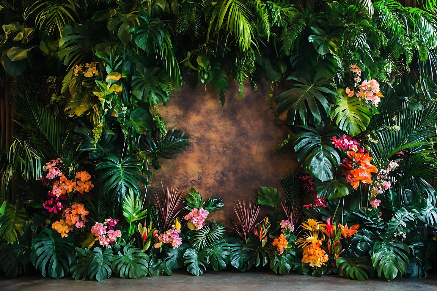 Lush Tropical Foliage and Blooming Flowers Backdrop. A vibrant arrangement of exotic plants creates a stunning natural background perfect for various design projects. photo