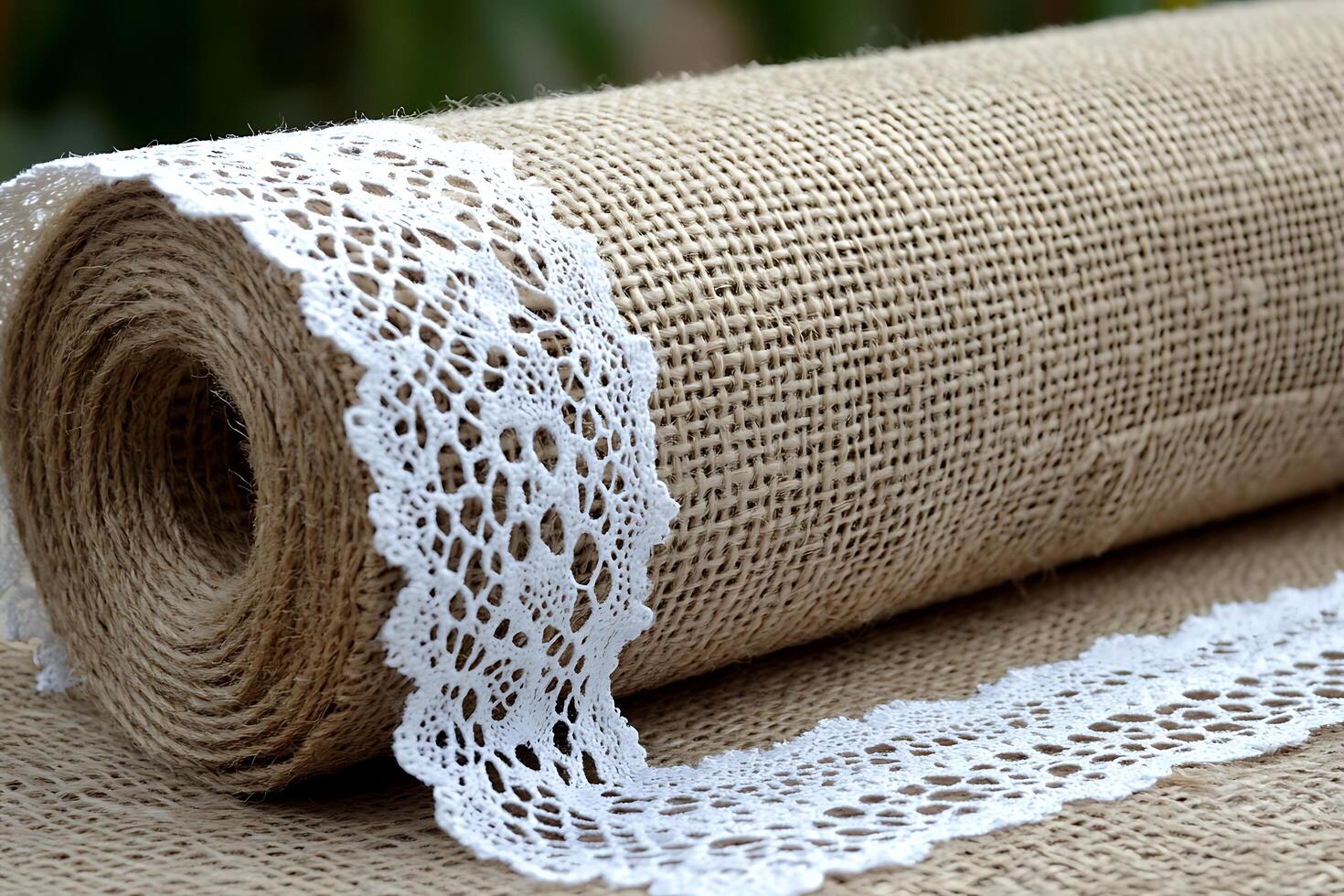Burlap Roll with Delicate White Lace Trim Rustic Crafts and Wedding Decor. photo