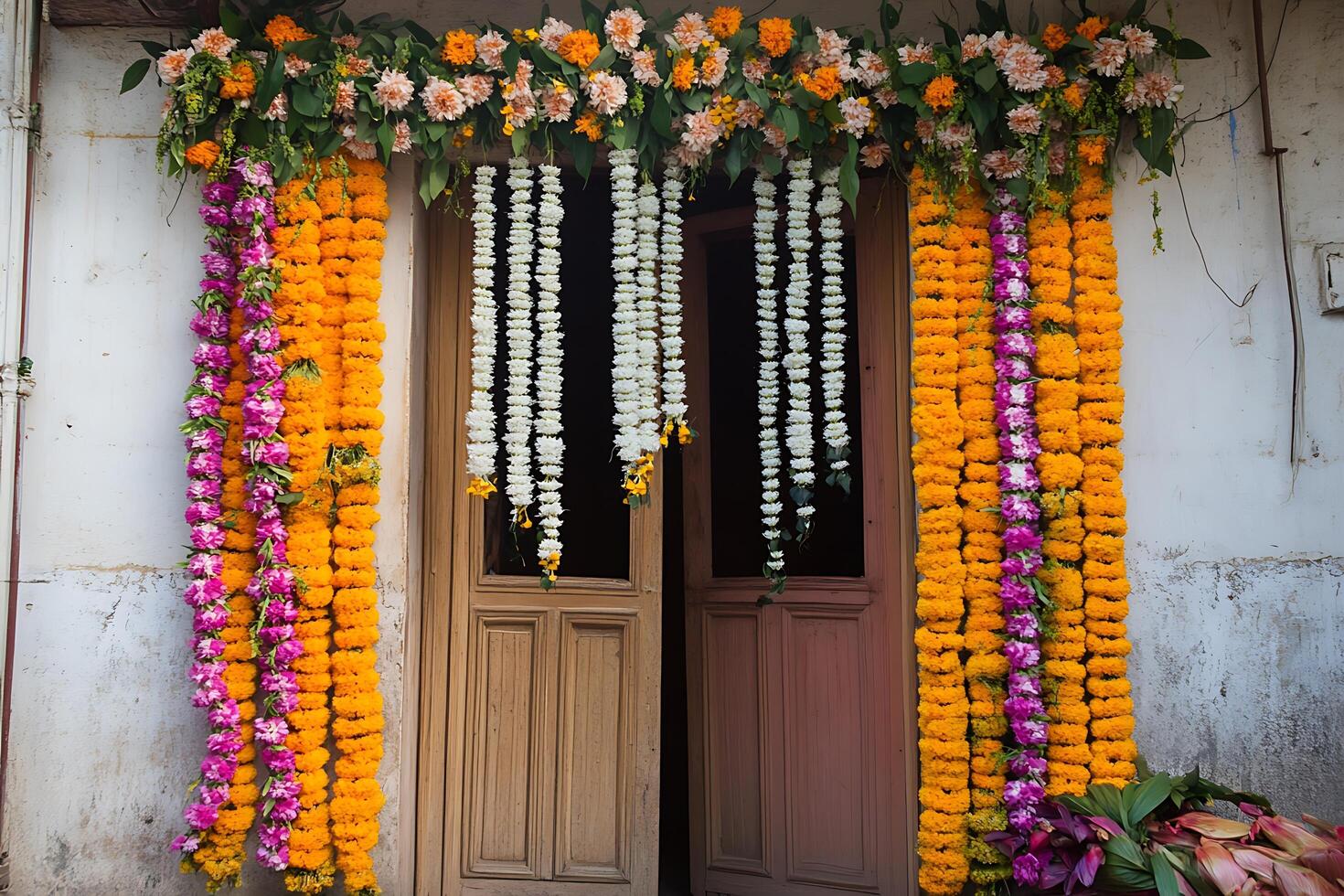 Festive Floral Door Decoration Marigold and Jasmine Garlands Adorn Entrance. photo