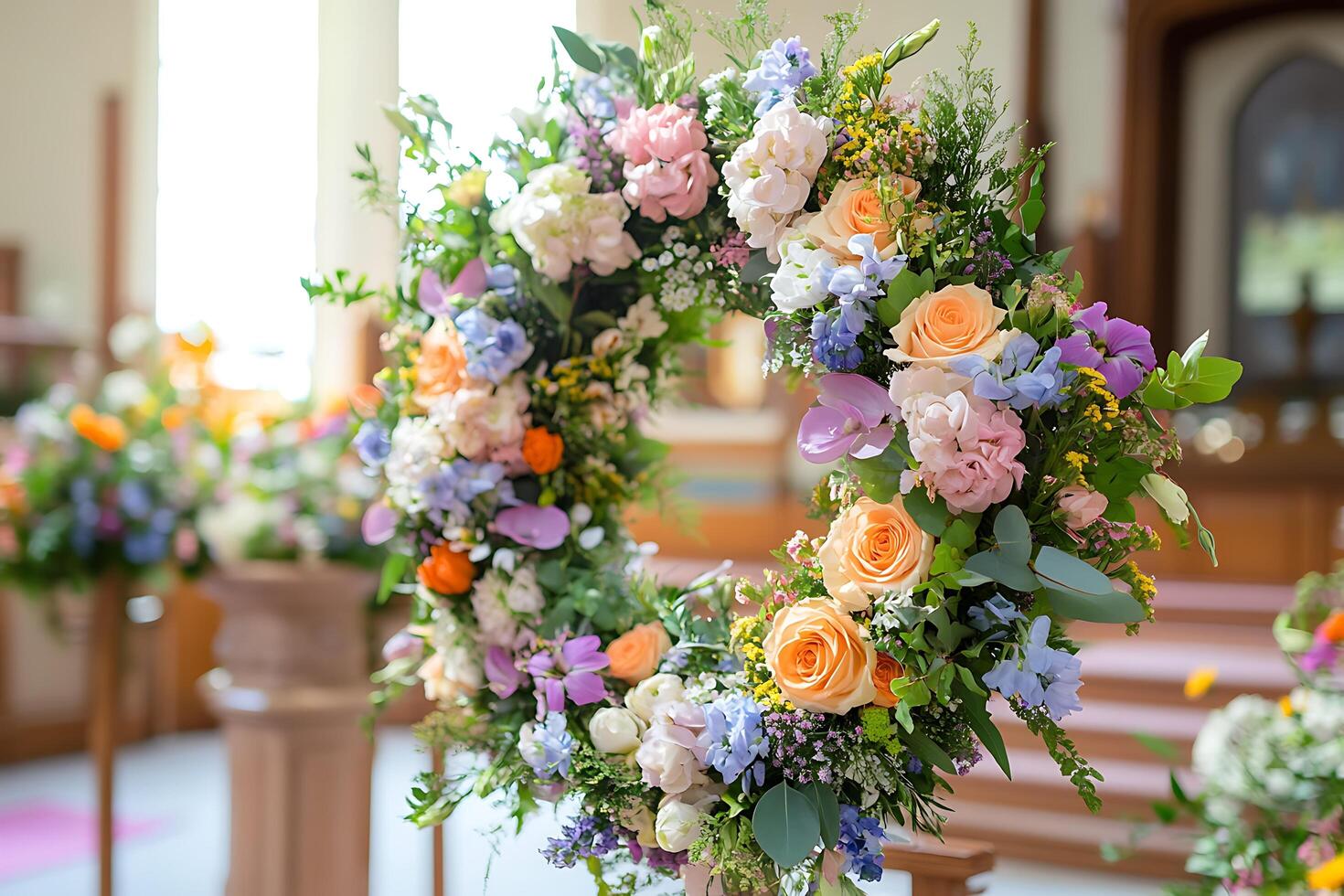 Pastel Floral Wreath in Church Setting Elegant Wedding or Ceremony Decoration. photo