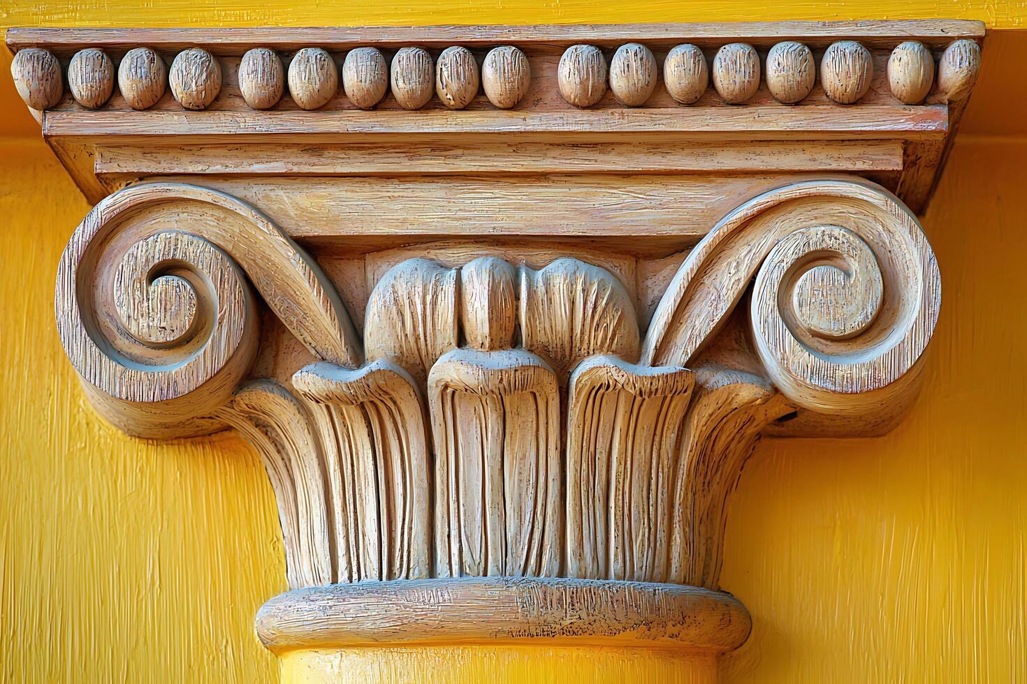 Intricate Carving of a Decorative Column Capital Against a Vibrant Yellow Wall. photo